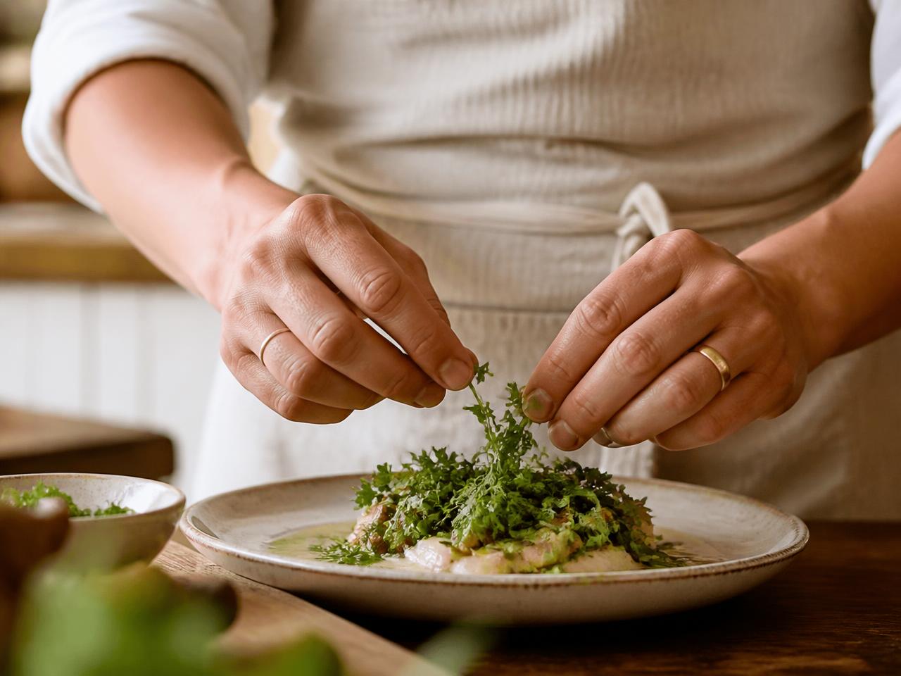 A chef's hands finishing a dish with fresh herbs